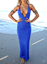 Halter Maxi Dress - Deep V Front / Back Slit / Blue / V Neck / Backless